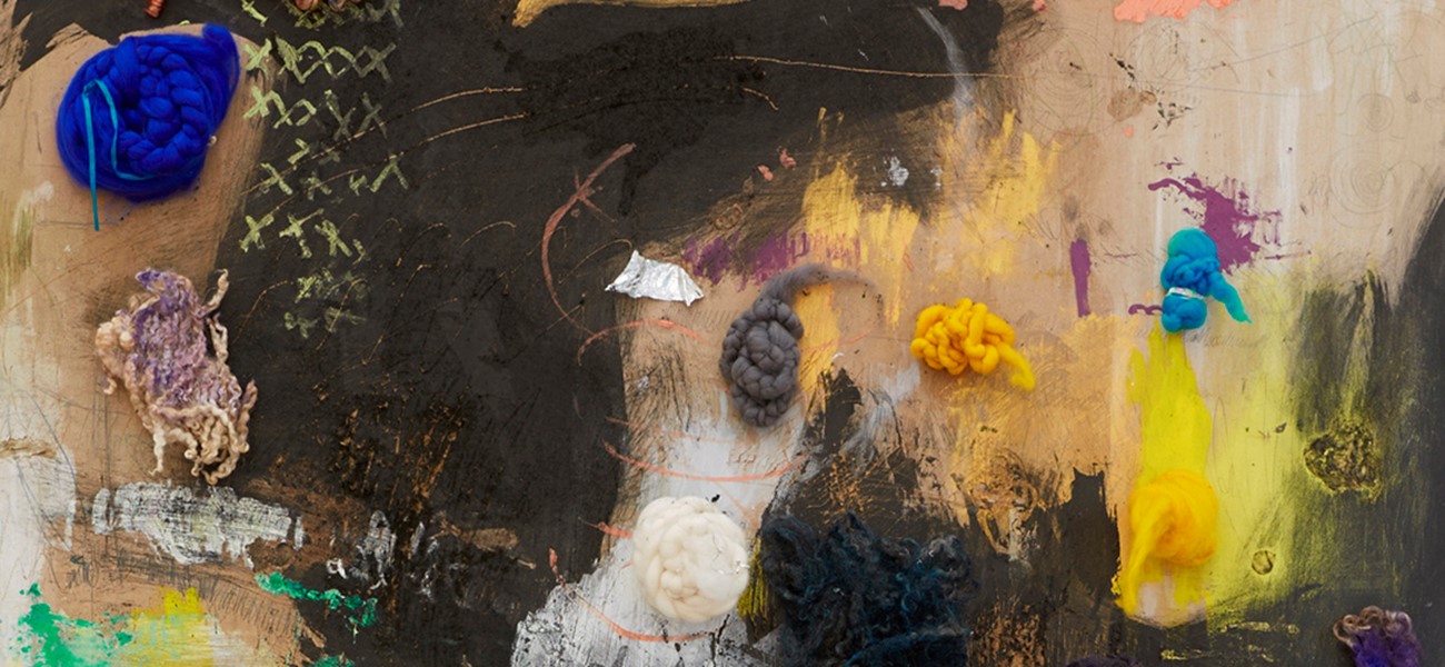 Astrid Svangren: "literary imagination body play dead gust..." 2015. Oil, ink, gum, wool, pen, foil, rubberstring on MDF. 180x122 cm. (detail)