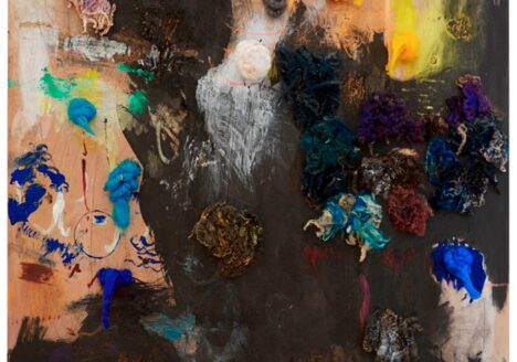 Astrid Svangren: literary imagination body play dead gust growth an ever - present ocean stage eliminate my own hyperballad. 2015. Oil, ink, gum, wool, pen, foil, rubberstring on MDF. 180x122 cm