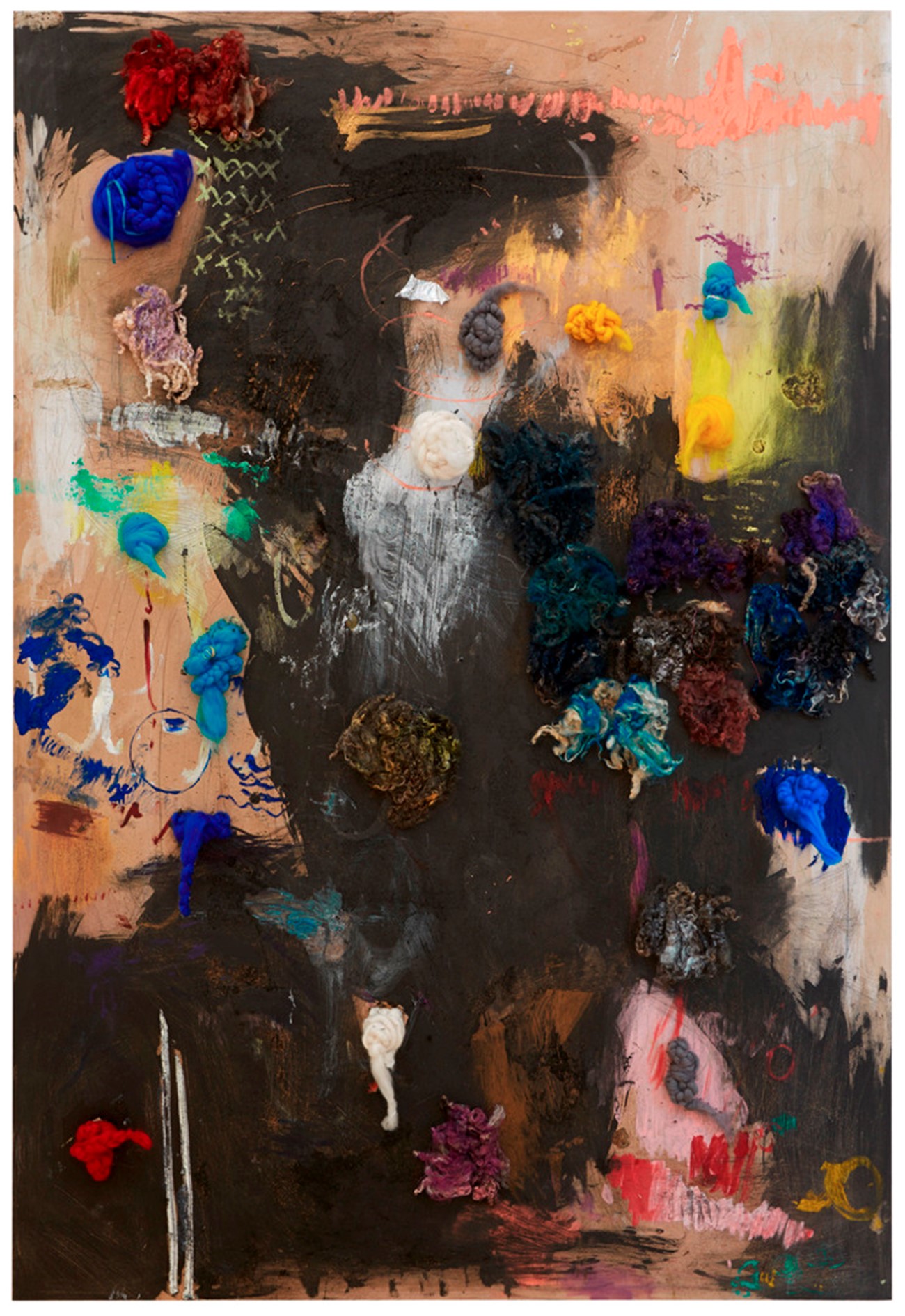 Astrid Svangren: literary imagination body play dead gust growth an ever - present ocean stage eliminate my own hyperballad. 2015. Oil, ink, gum, wool, pen, foil, rubberstring on MDF. 180x122 cm