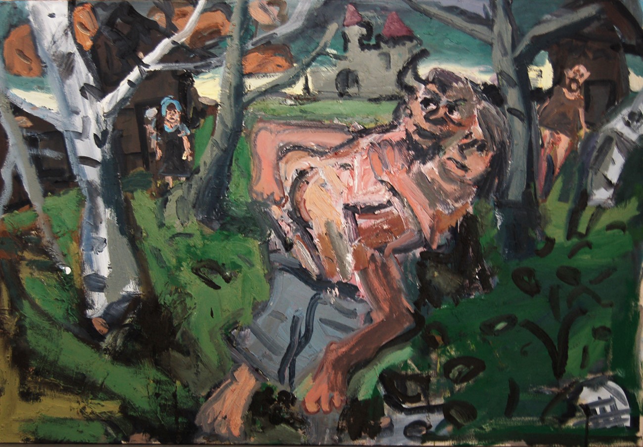Dan Schein: Faun Mounts Villager In Public View. Oil on canvas, 125x182 cm, 2015
