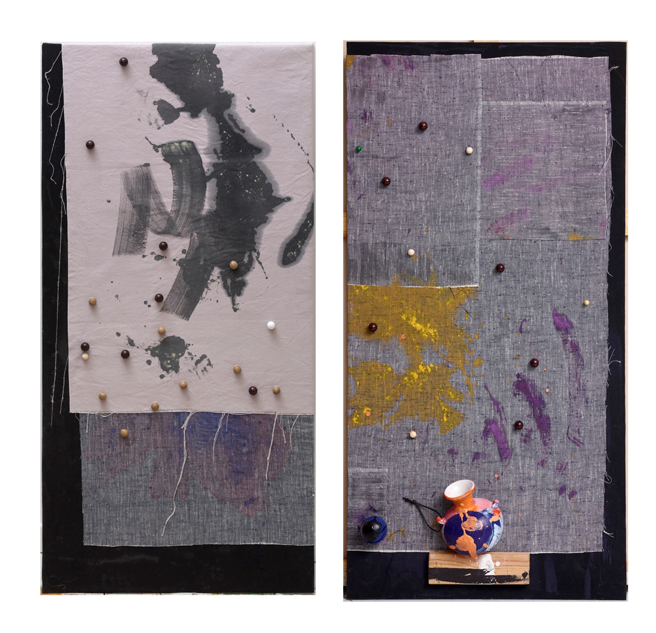 Anna Fro Vodder: Inde-Ude-Over-Alt - Fluid Field 122 x 61 cm x 2, olie, acryl, træ og perler på tekstil, 2015