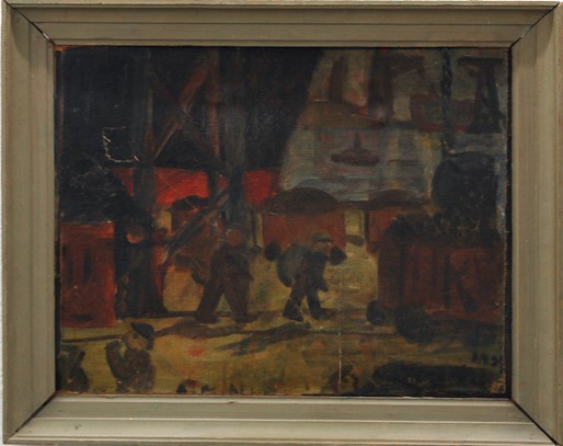 Albert Mertz: Kullempere i havnen, Albert Mertz: Kullempere i havnen. Oil on wood, 35x45 cm, 1933