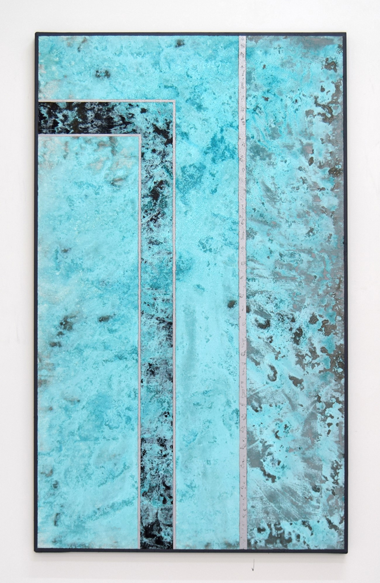 Untitled II, 2015, Acid on canvas with metal-infused enamel and zinc/aluminium coating , 150 x 90 cm