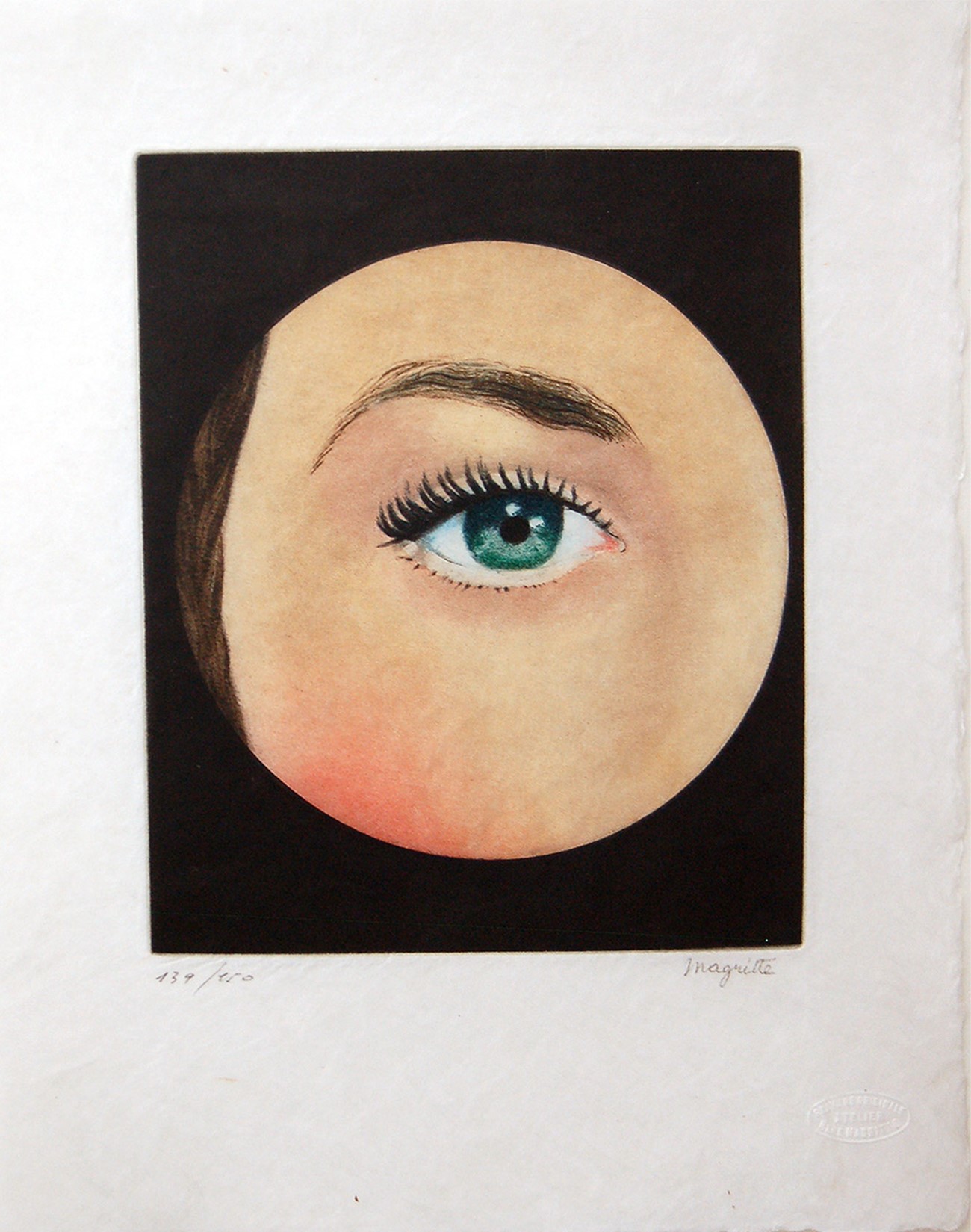René François Ghislain Magritte: The Eye / L'oeil, 1968, Stamped Signed and Numbered Etching and aquatint in Colors on BFK Rives paper , 28 x 23 cm, ed. 139/150