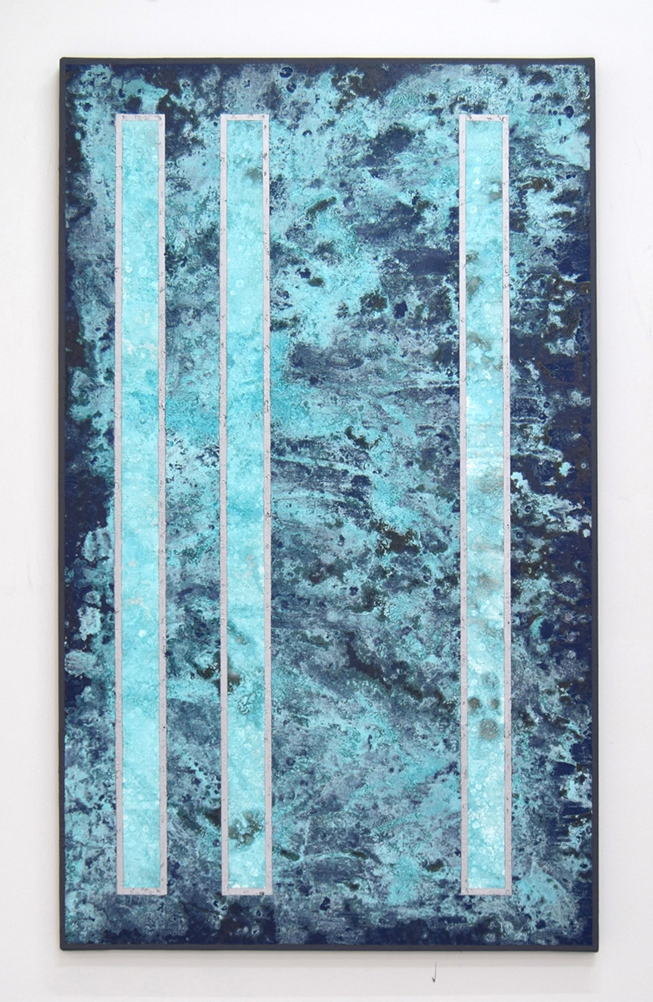 Untitled V, 2015, Acid on canvas with metal-infused enamel and zinc/aluminium coating , 150 x 90 cm