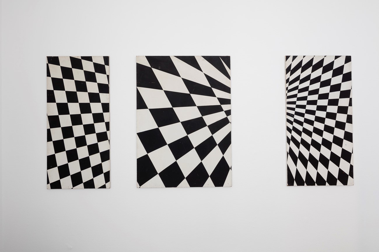 Peter Louis-Jensen: Trikord, august, 1961, Oil on masonite in three parts, 57,5 x 121,5 cm, 87 x 121,5 cm, 62 x 121,5 cm, Total length 121,5 x 283,5 cm, Private collection. Rejected by Kunstnernes Efterårsudstilling 1961.