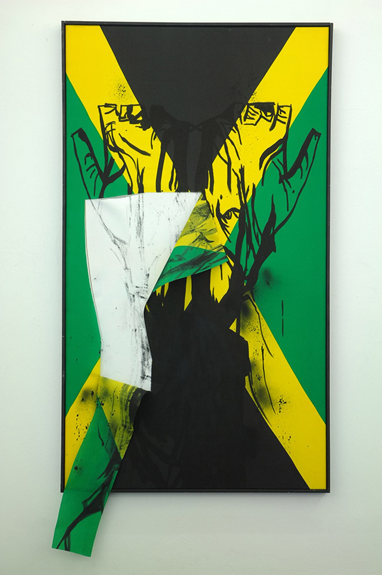 Claus Carstensen: Kiasme (anonymous defaced, 2015). 2009, posca on fabric, 175 x 78 cm., Claus Carstensen: Kiasme. 2009 (anonymously defaced, 2015), posca and spray on fabric, 175 x 78 cm