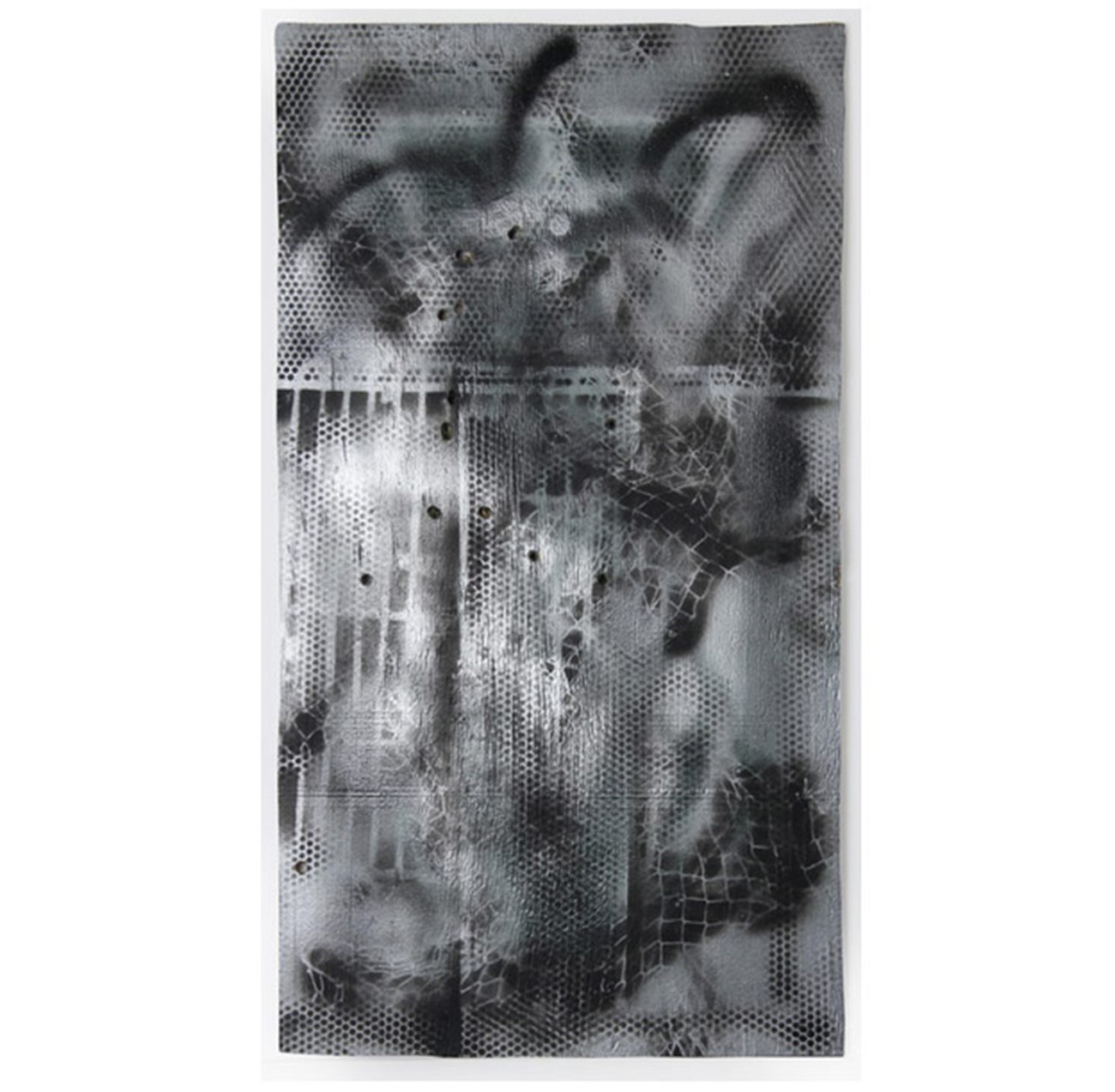 William S. Burroughs: ‘45 Writings. 1992. Spray paint and gunshots on plywood, 79 x 44 cm © Estate of William S. Burroughs, William S. Burroughs: ‘45 Writings. 1992. Spray paint and gunshots on plywood, 79 x 44 cm © Estate of William S. Burroughs