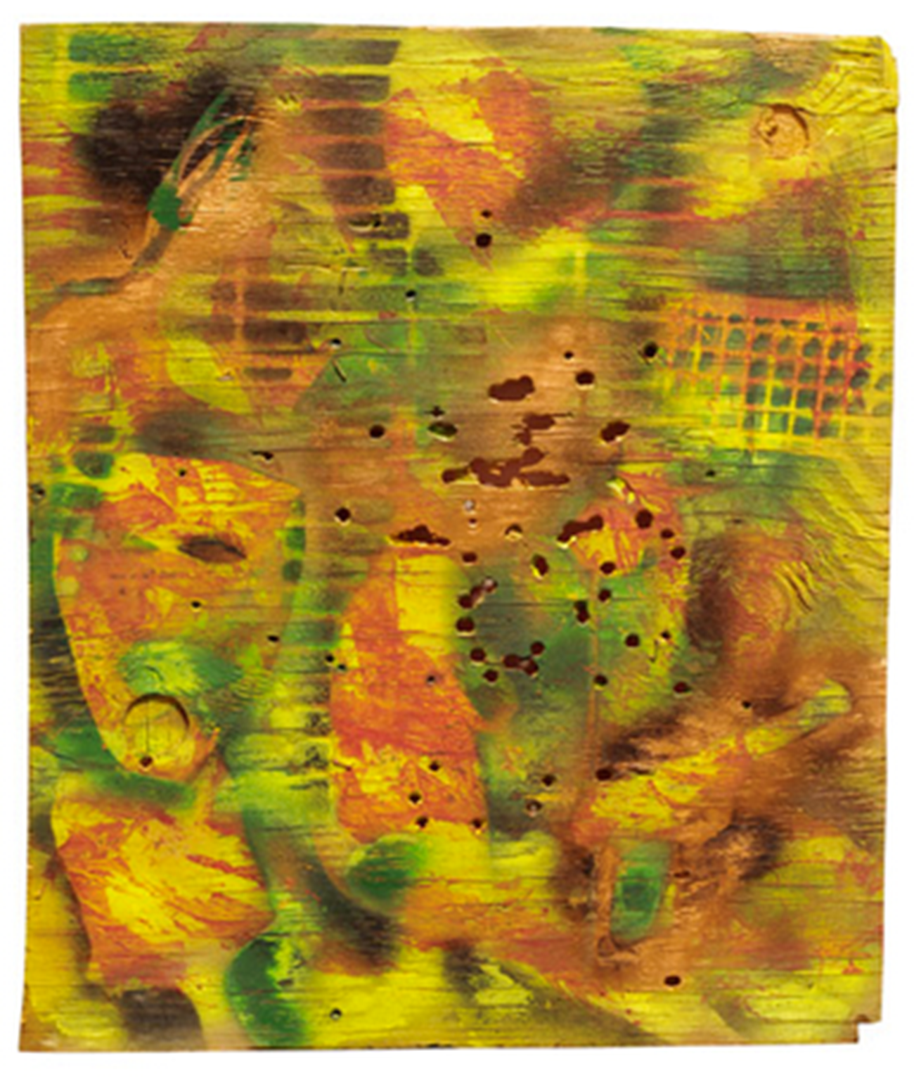 William S. Burroughs: Untitled, 1992. Paint, spray paint and revolver shots on plywood, 56 x 50 cm. © Estate of William S. Burroughs, William S. Burroughs: Untitled, 1992. Paint, spray paint and revolver shots on plywood, 56 x 50 cm. © Estate of William S. Burroughs