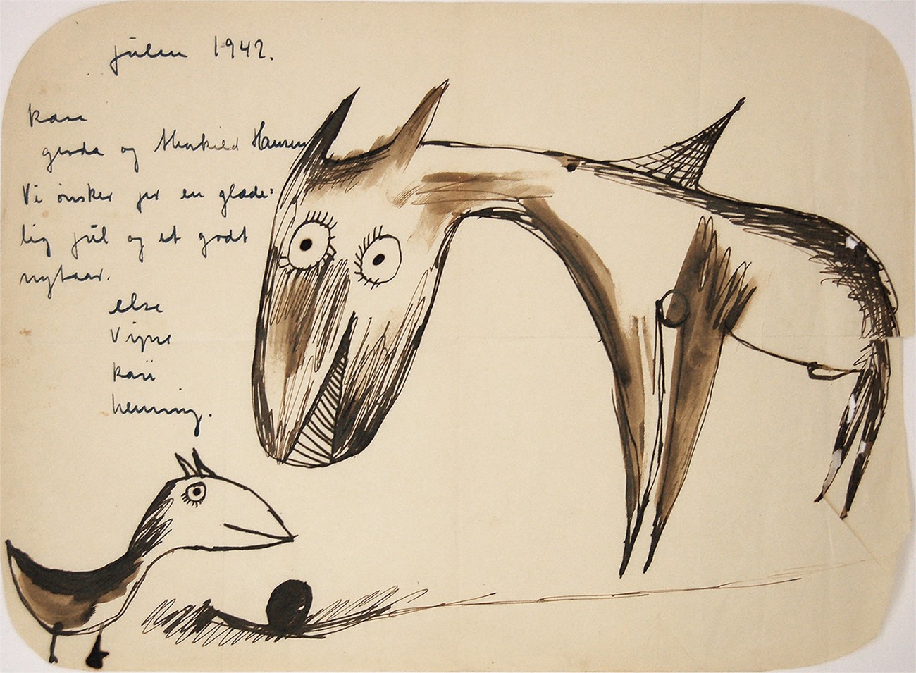 Carl-Henning Pedersen: Untitled (Signed w. dedication), 1942, Ink on paper , 25 x 35 cm