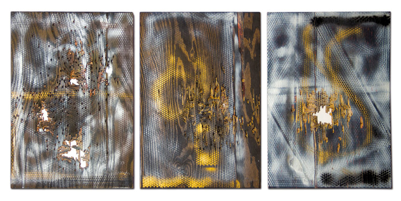William S. Burroughs: Untitled Triptych. 1993. Spray paint and shotgun blasts on plywood, 73 x 55 x 6 cm each. © Estate of William S. Burroughs, William S. Burroughs: Untitled Triptych. 1993, spray paint and shotgun blasts on plywood, 73 x 55 x 6 cm each. © Estate of William S. Burroughs