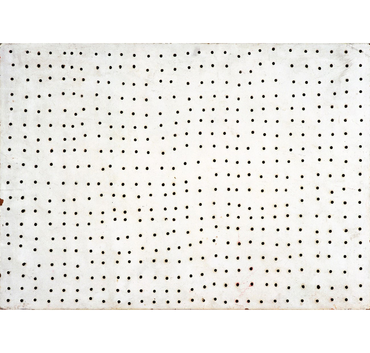 Peter Louis-Jensen : Untitled (White Structure), September 18th, 1961, Oil on masonite pierced by drilled holes, 51 x 72 cm, Private collection. Rejected by Kunstnernes Efterårsudstilling 1961.