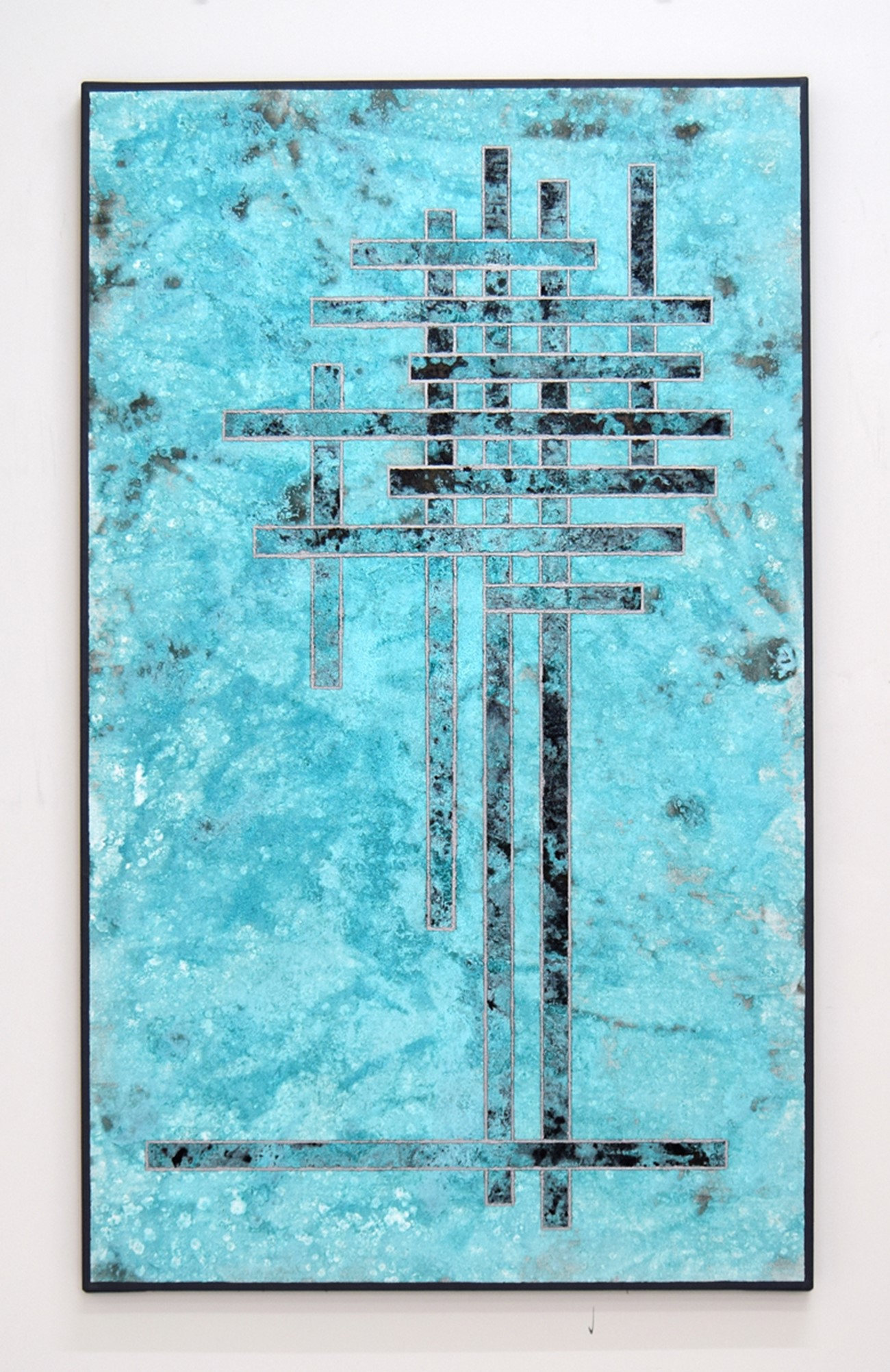 Untitled III, 2015, Acid on canvas with metal-infused enamel and zinc/aluminium coating , 150 x 90 cm