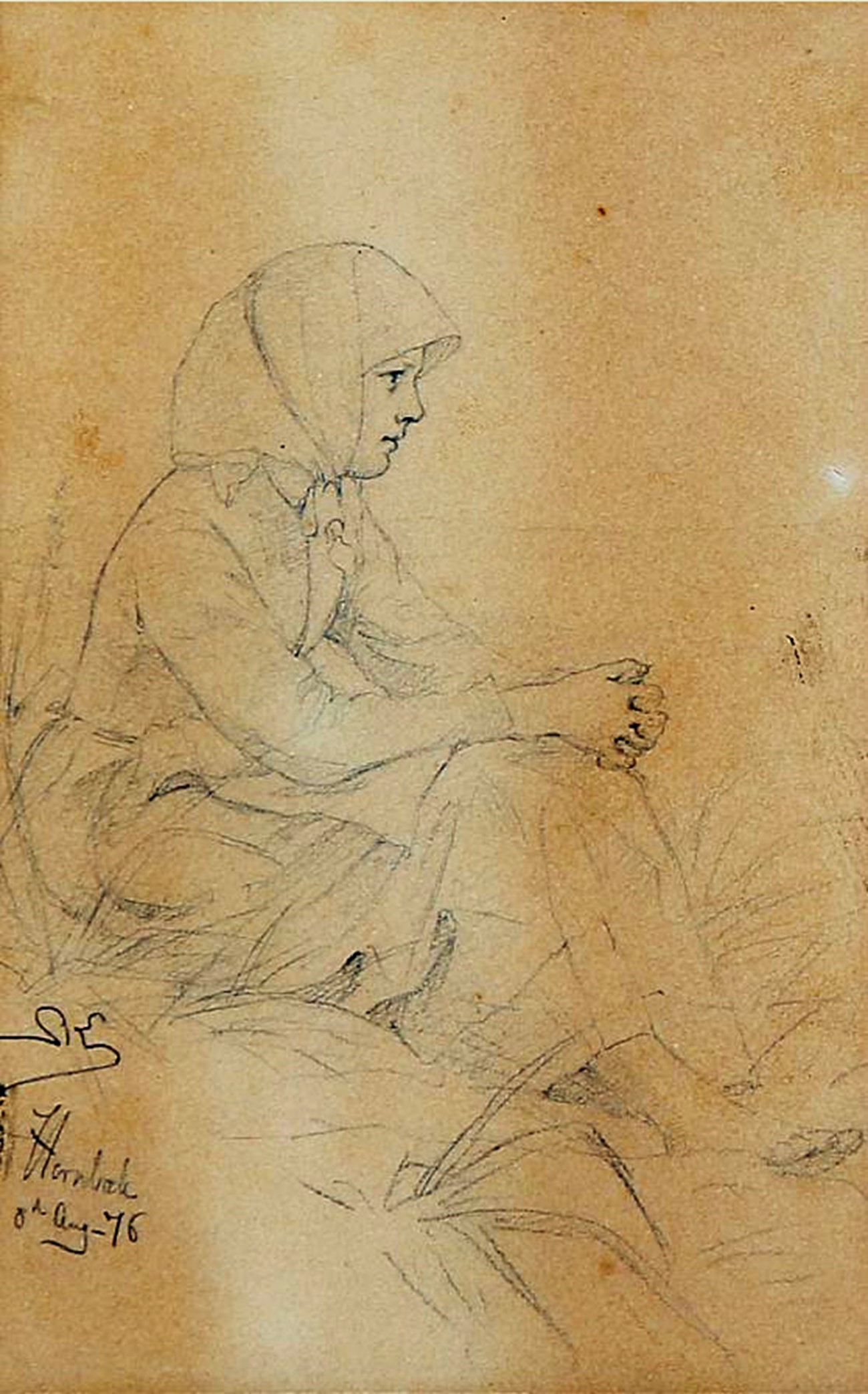 Peder Severin Krøyer : En hornbæk-pige siddende på græsset, Pen on paper, 12 x 9 cm