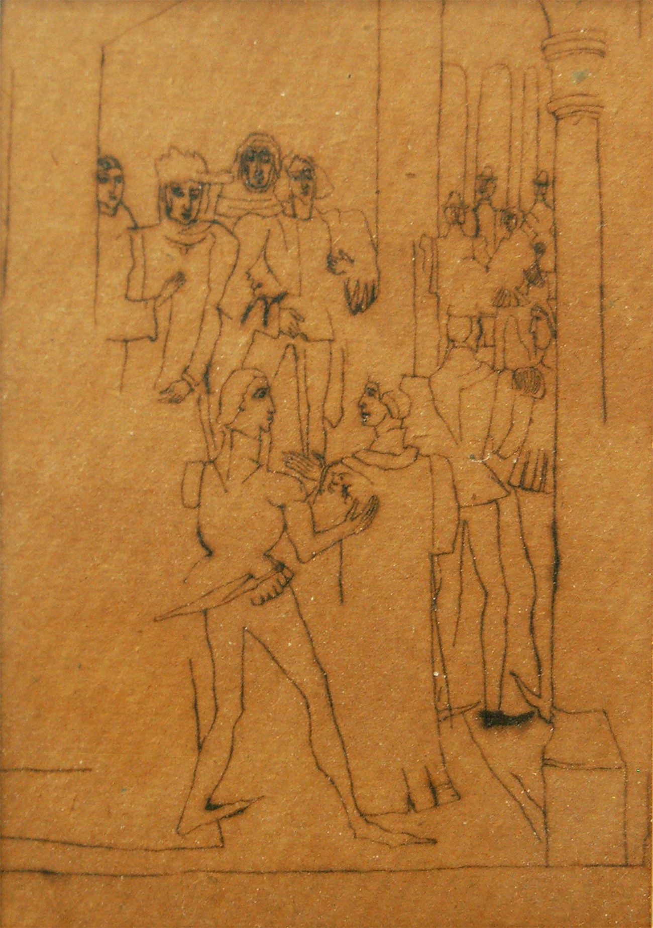 Carl Fredrik Hill: Ankomst til festen (shown at C. F. Hill-Utstillingen 1943), Ink on paper , 16 x 12 cm