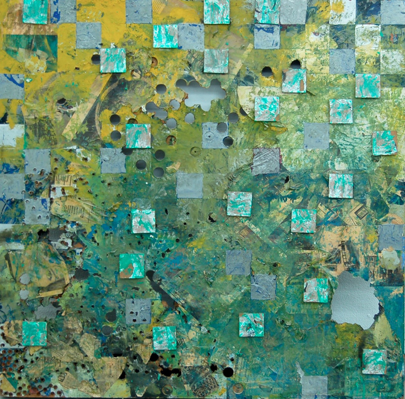 Peter Louis-Jensen: Strukturtavle, 1964, Oil, paper, foil and masonite on masonite, 122 x 122 cm