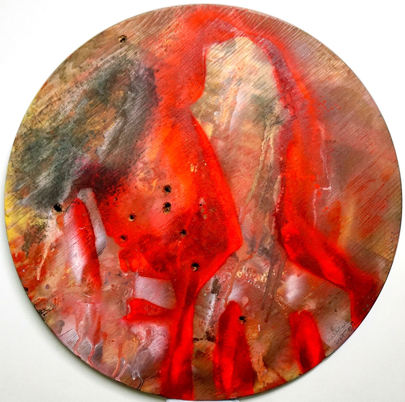 William S. Burroughs: Untitled ('45 Long Colt), 1995, Spray paint and shotgun blasts on wooden table top, 53.3 x 53.3 cm
