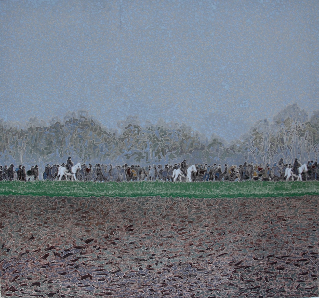 Ahmad Siyar Qasimi: Vandretur gennem tåge, 2015, Oil on canvas, 120 x 130 cm