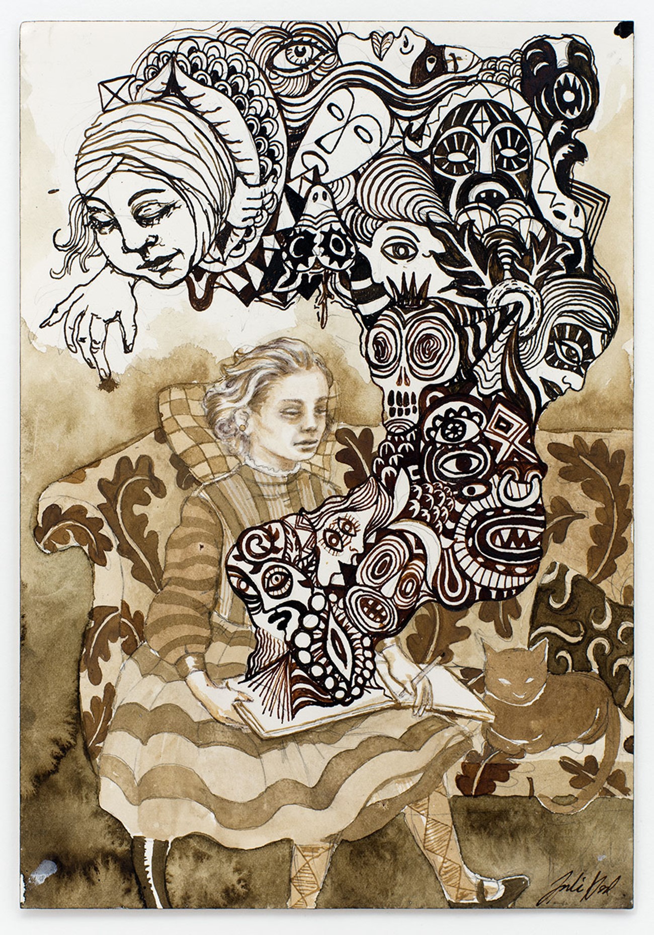 Julie Nord: Small Brown Drawing (Girl With Sketchbook), 2016, Marker, acrylic ink, pencil and pastel crayon on paper, 26 x 18 cm