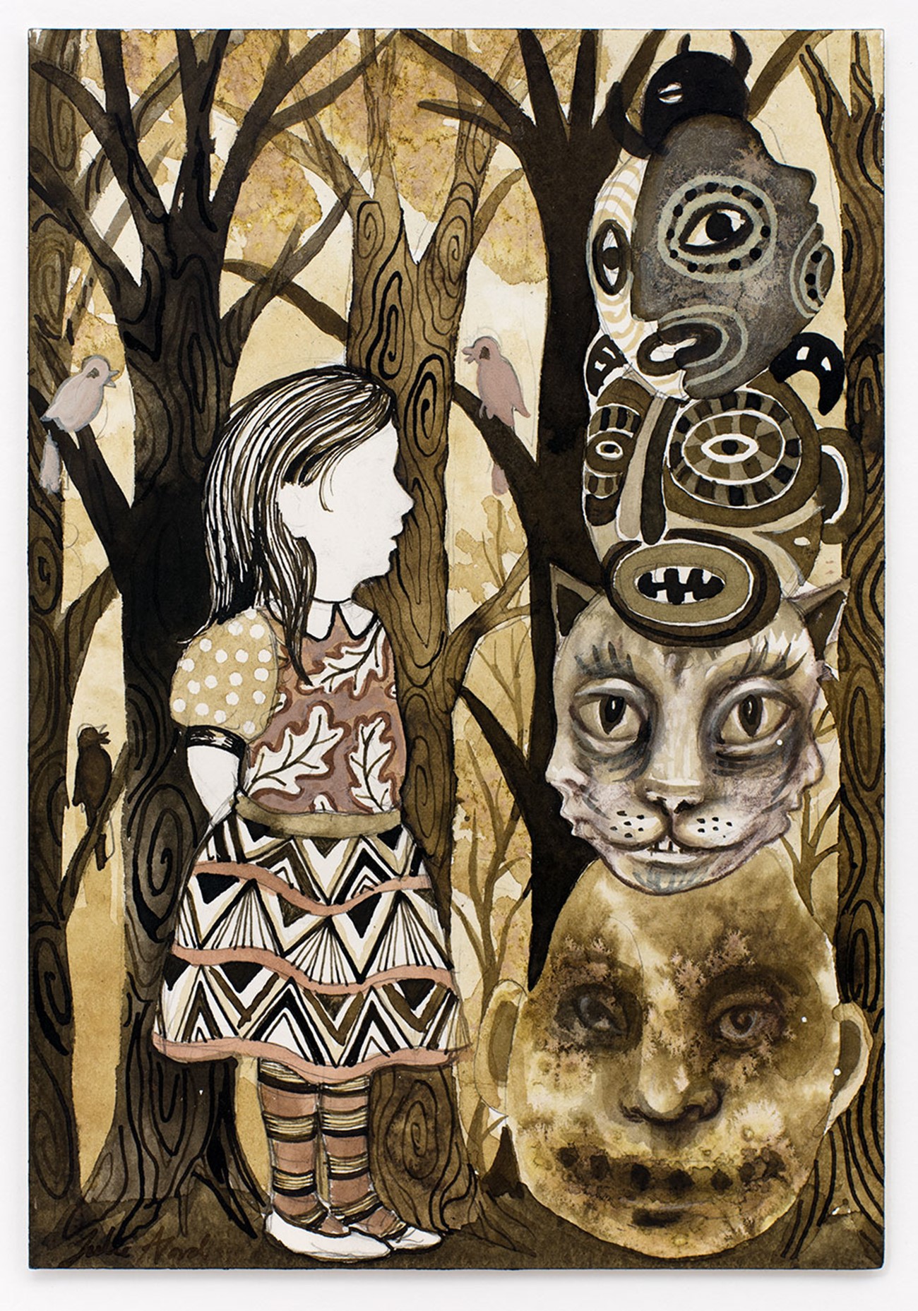 Julie Nord: Small Brown Drawing (Girl in Forest), 2017, Marker, acrylic ink, pencil and pastel crayon on paper, 26 x 18 cm