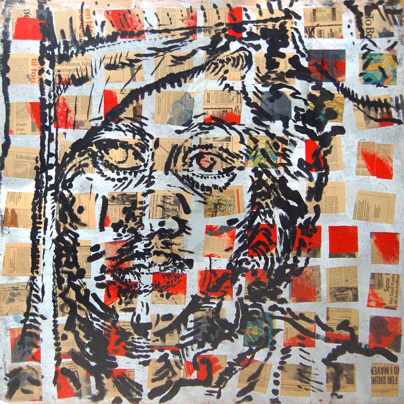 Lene Adler Petersen: Luderen fra Ethiopien, 1978, Floorpaint, acrylic and newspaper on masonite, 122 x 122 cm