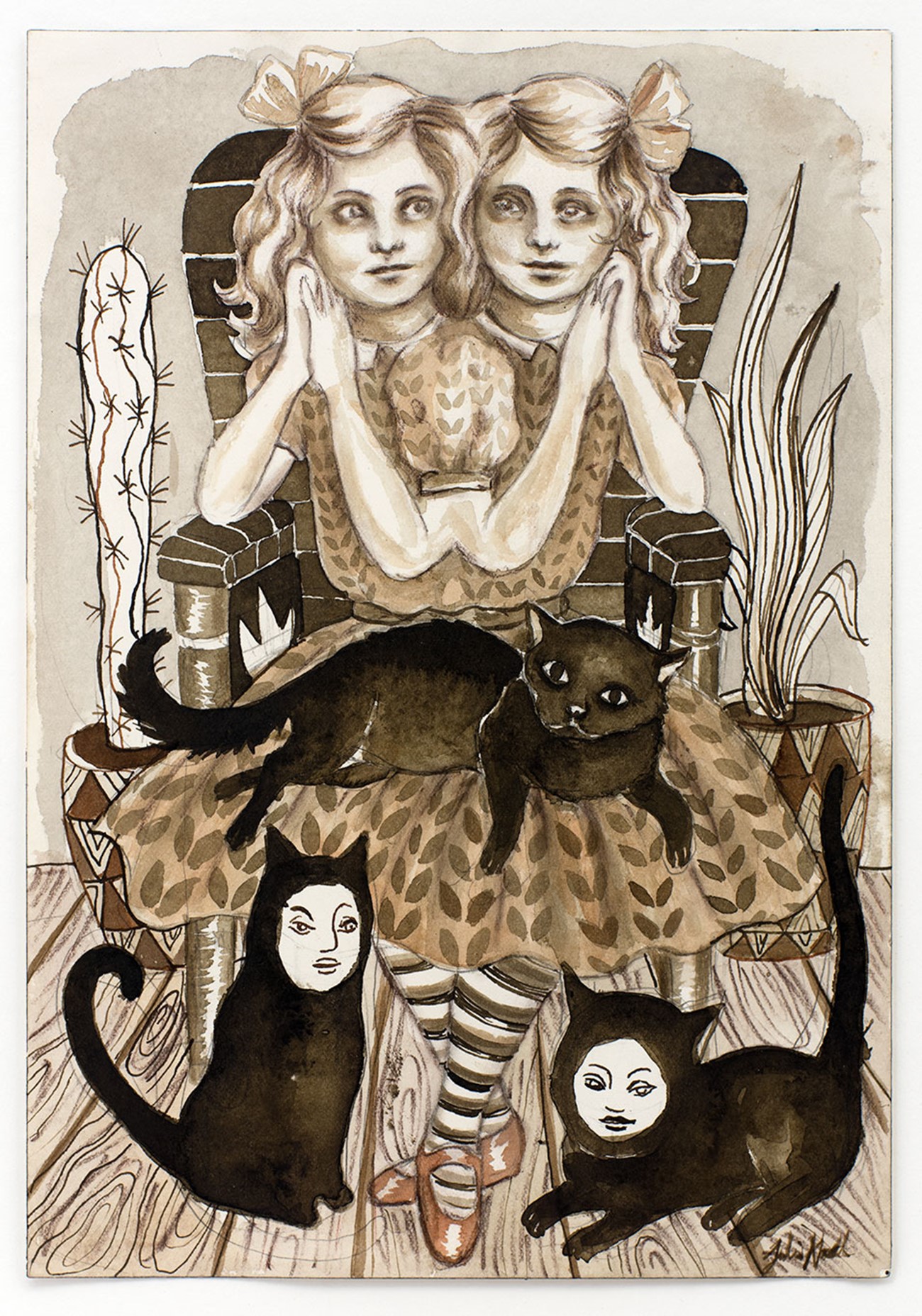 Julie Nord: Small Brown Drawing (Siamese Twins), 2016, Marker, acrylic ink, pencil and pastel crayon on paper, 26 x 18 cm