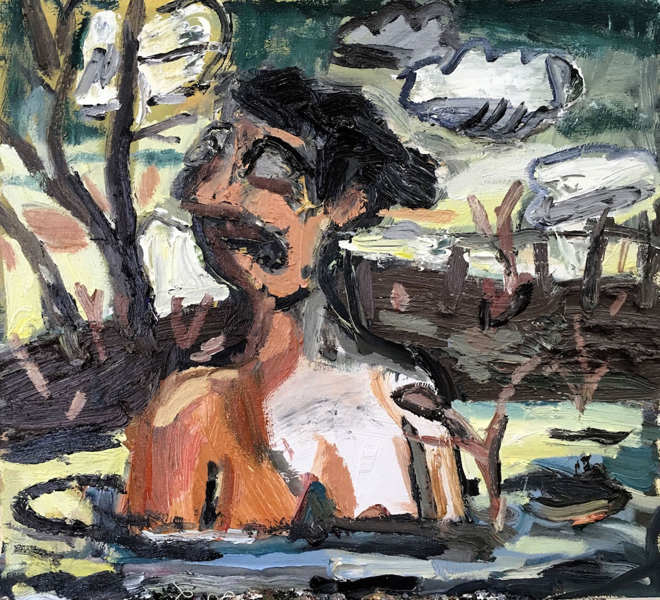 Dan Schein: Woman Bathing in a Swampy Sunset, 2016, Oil on canvas, 53 x 58 cm