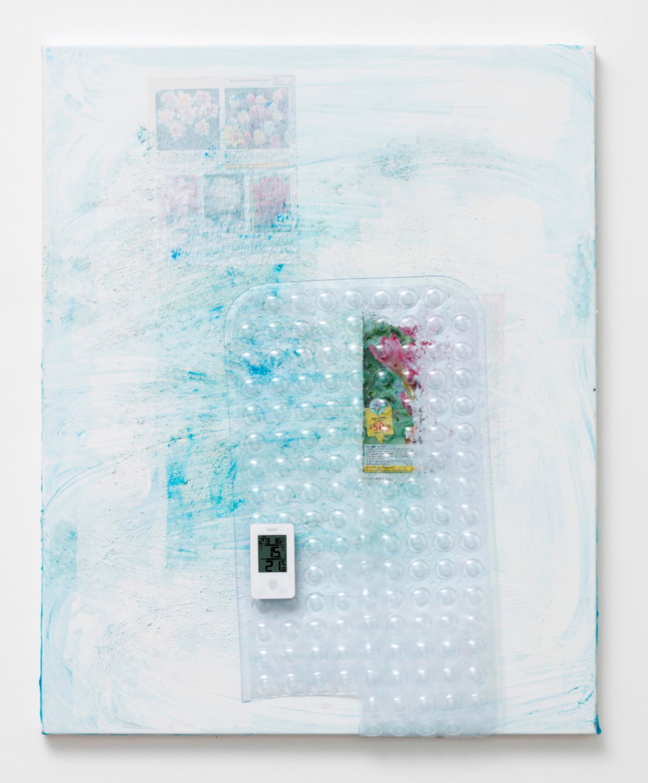 Torben Ribe: Untitled, 2016, 2016, Acrylic, advertisements, glitter, anti slip bath math and weather station with outdoor measurement on canvas over wood, 100 x 80 cm