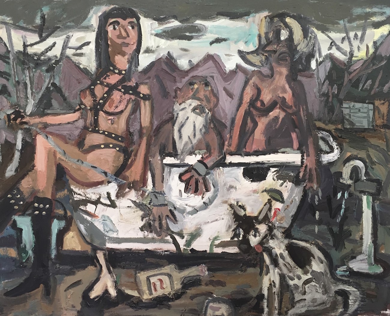 Dan Schein: Bath Scene with Dominatrix, Dog, Premonition Man and the Woman who Didn't know how she got There, 2016, Oil on canvas, 127 x 157 cm