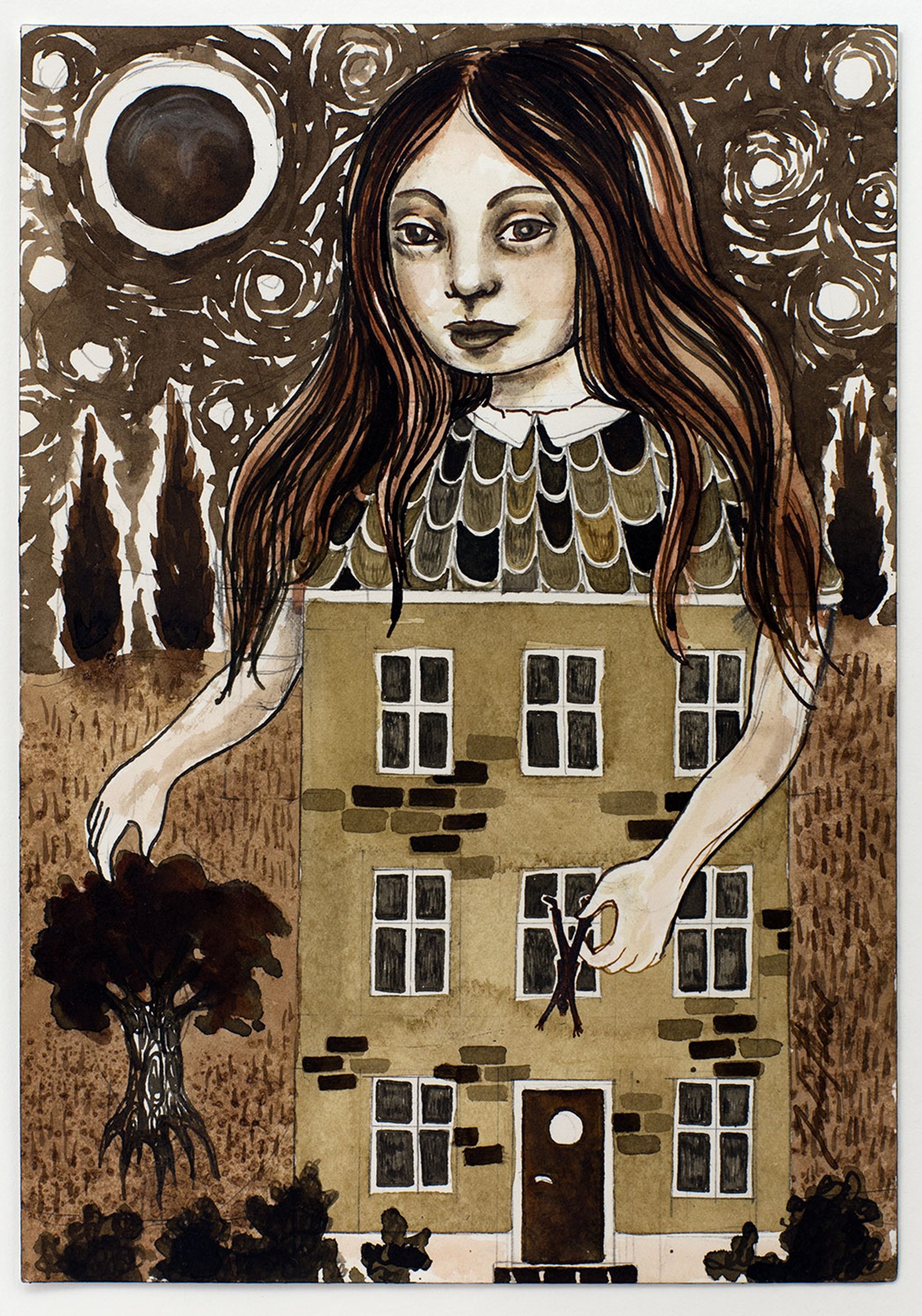 Julie Nord: Small Brown Drawing (Girl-giant in a House), 2017, Marker, acrylic ink, pencil and pastel crayon on paper, 26 x 18 cm