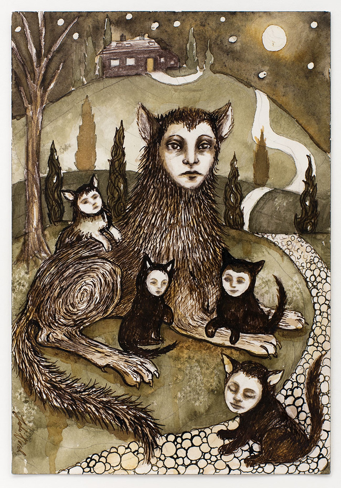 Julie Nord: Small Brown Drawing (Wolf creature on a Hill), 2016, Marker, acrylic ink, pencil and pastel crayon on paper, 26 x 18