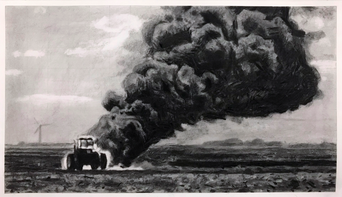 Allan Otte, Op i røg, 2020, coal on paper, 34.3 x 59.4 cm