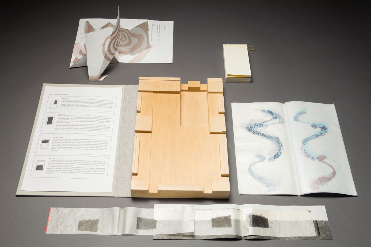 Thorsten Dennerline & Susan Sgorbati: Four Emergent Forms: Visual Improvisation (2), 2017, Woodcut, letterpress, stone and plate lithography, CNC milled wooden box. Edition of 30