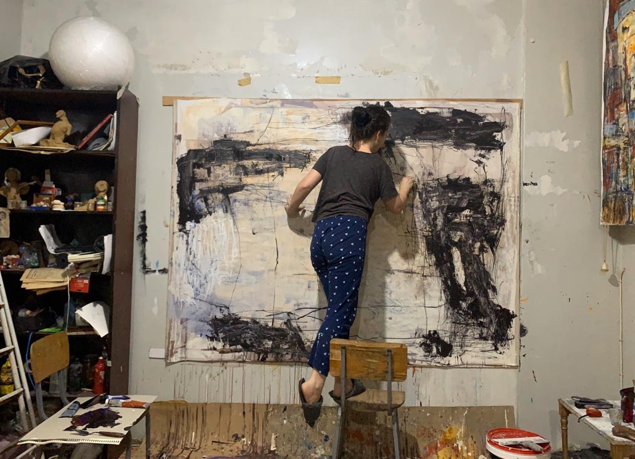 Sara Chaar working in her studio, Beirut 2020