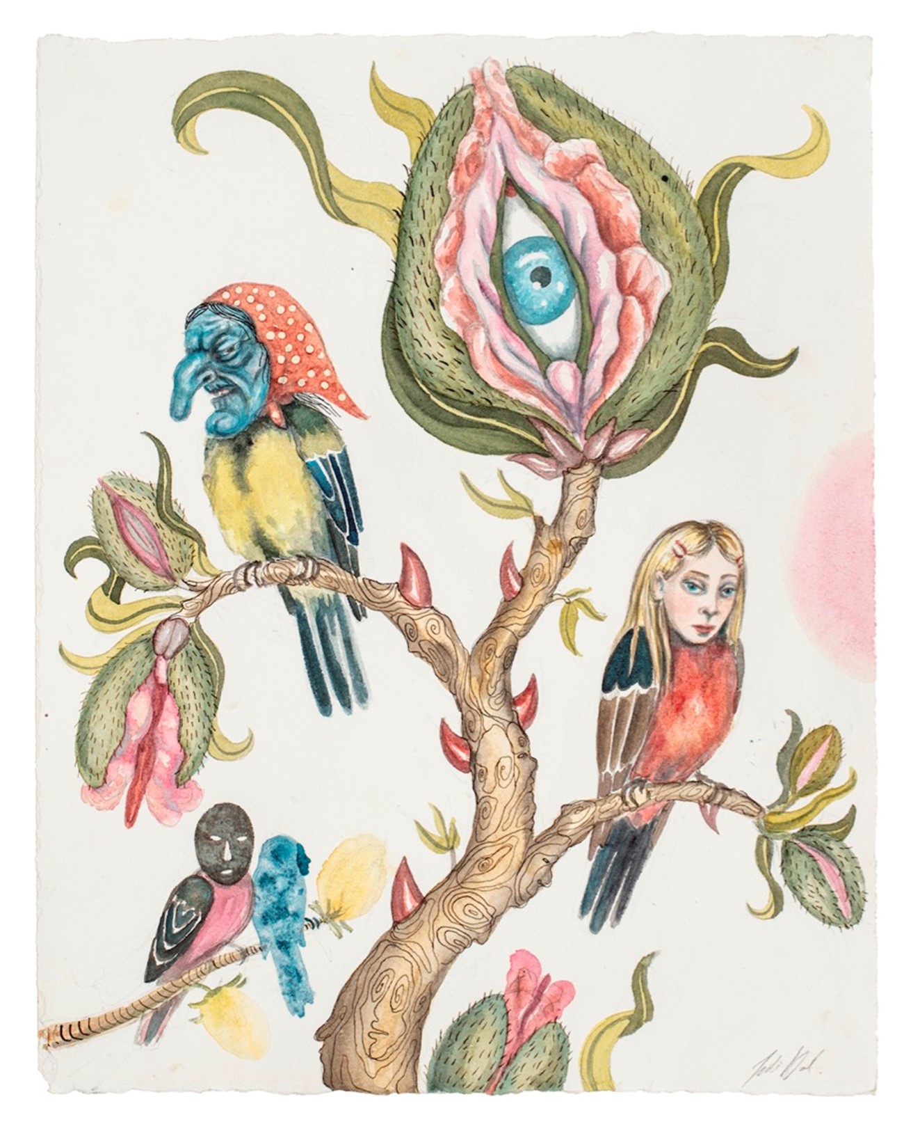 Julie Nord: Garden Birds, 2021, akvarel på papir, 48h x 38w cm