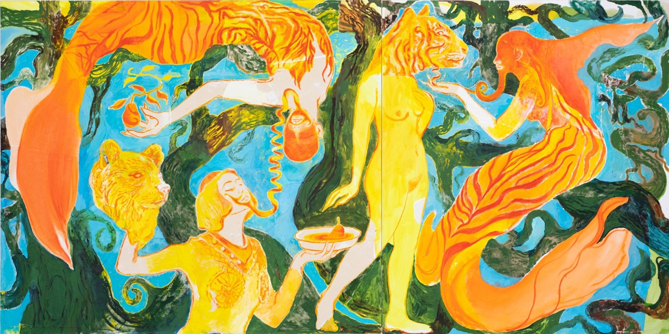 Pas It On, 2022, akryl og olie på lærred, 140 x 280 cm