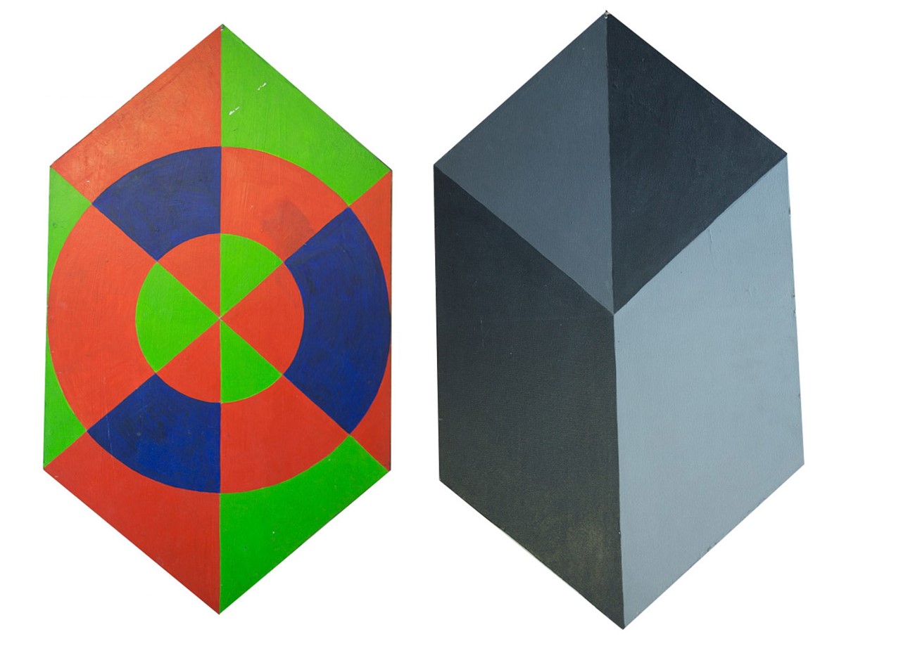 Svævende Rumkasse (1), 1968, Painted cardboard, 30 x 30 41 x 30 x 30 cm