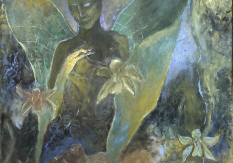 Oliver Bak: Untitled (Rising Orchids), 2019, Oil on canvas and gouache on wood, 57.7 x 49.5 cm