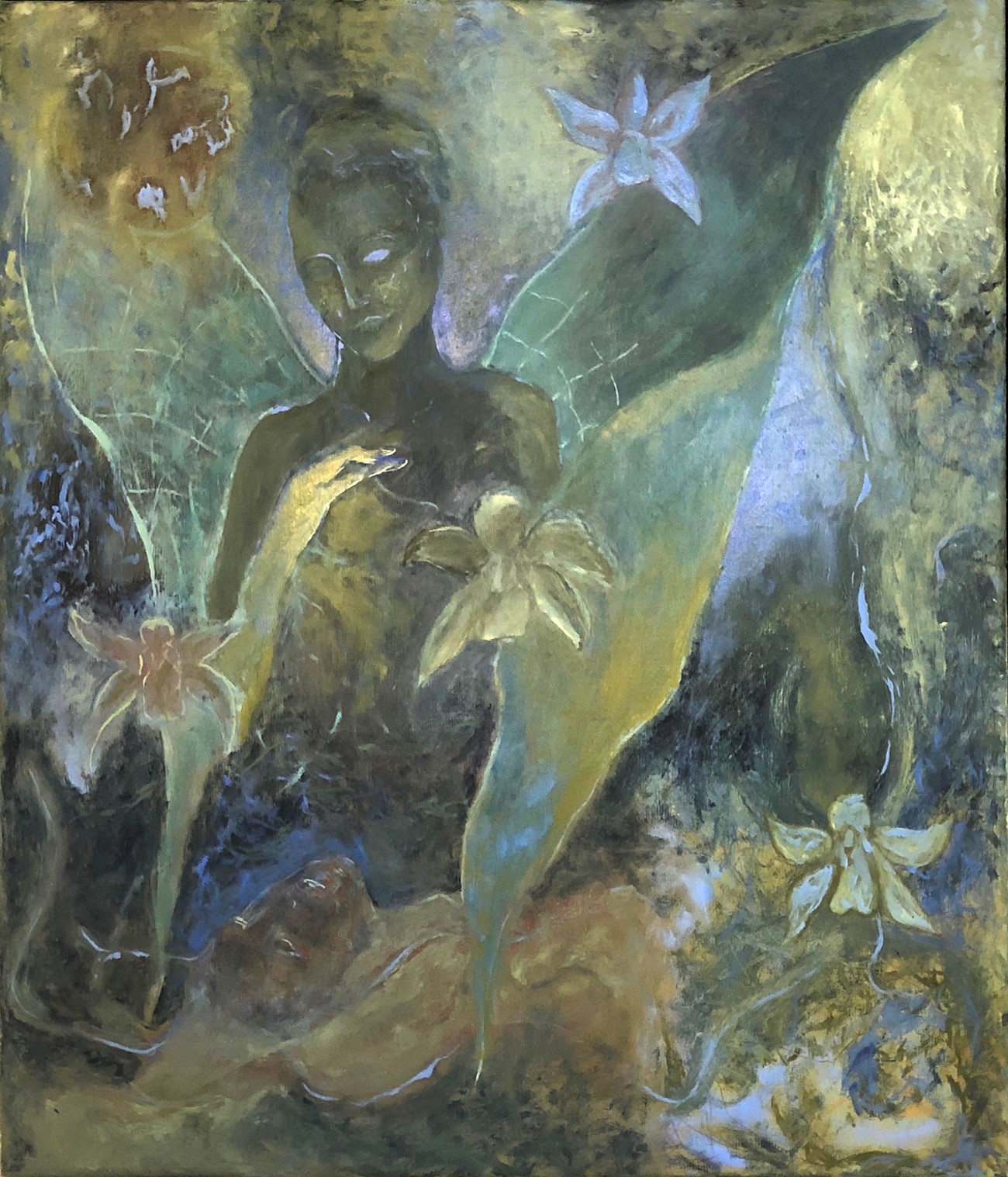 Oliver Bak: Untitled (Rising Orchids), 2019, Oil on canvas and gouache on wood, 57.7 x 49.5 cm