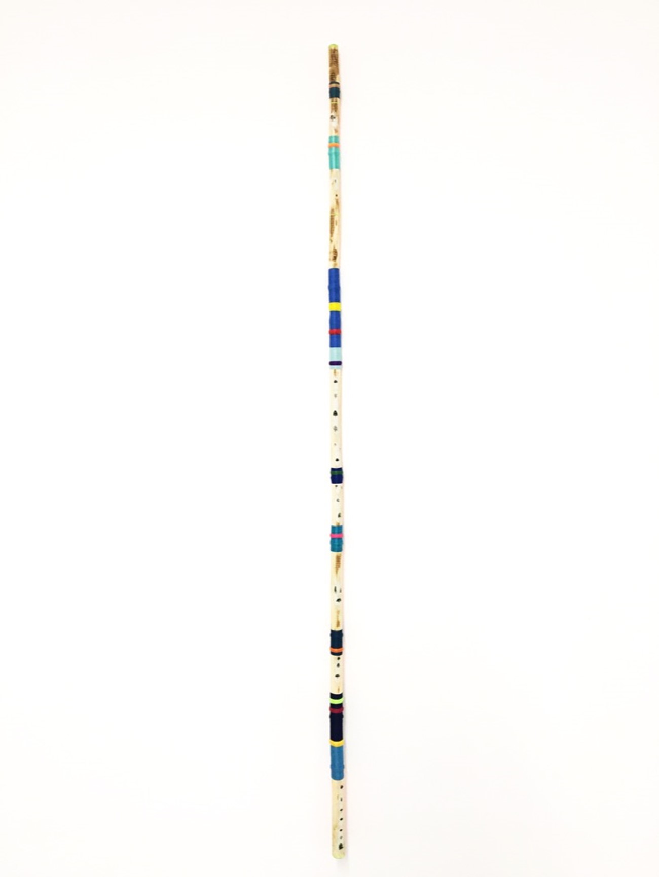 Welkin, 2020, synthetic silk thread, photographs, fluorescent paint, poplar wood and resin, 163 x 2 cm