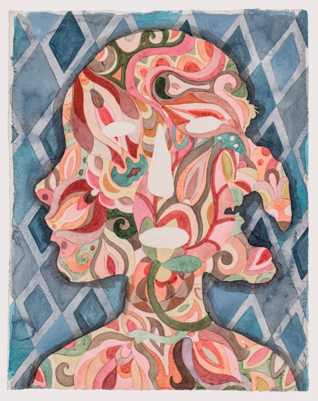 Julie Nord: Selfportrait w. Blue background, 2021, akvarel på papir, 48h x 38w cm