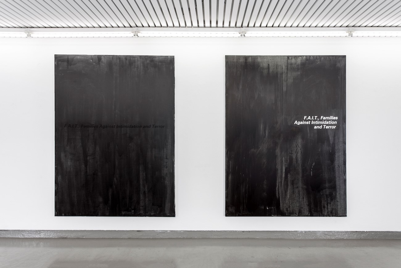 In curatorial violence (somewhere between black and white), installation view, Claus Carstensen: 'Terror and Territories # 1', 1992. Oil, alkyd, spray and urine on canvas, 200 x 150 cm. 'Terror and Territories # 2', 1992. Oil, alkyd, spray and urine on canvas, 200 x 150 cm.