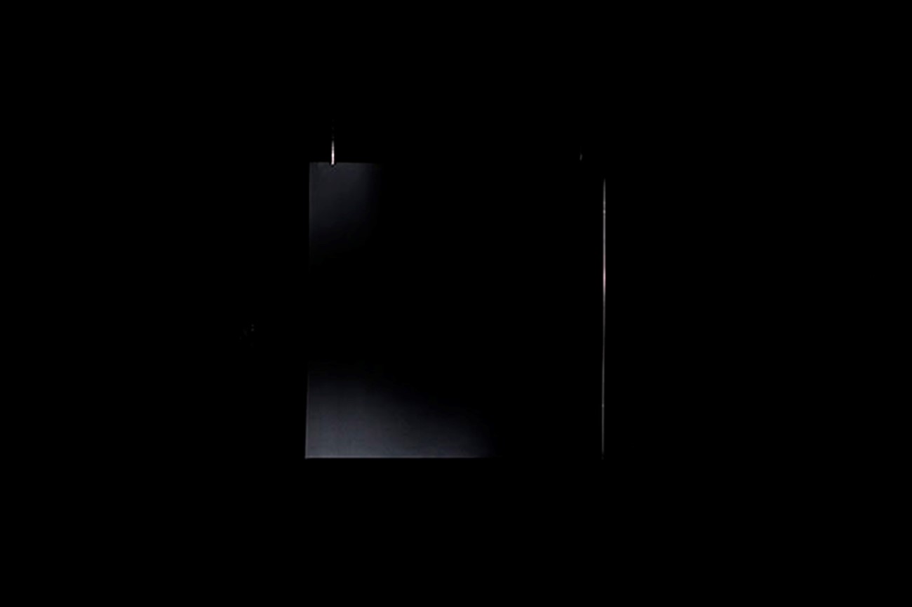 Jacob Kirkegaard: Black Metal Square # 1, 2015, Black metal plate 100 x 100 x 0.1 cm, sensor, contact speaker, light, amplifier and steel wire