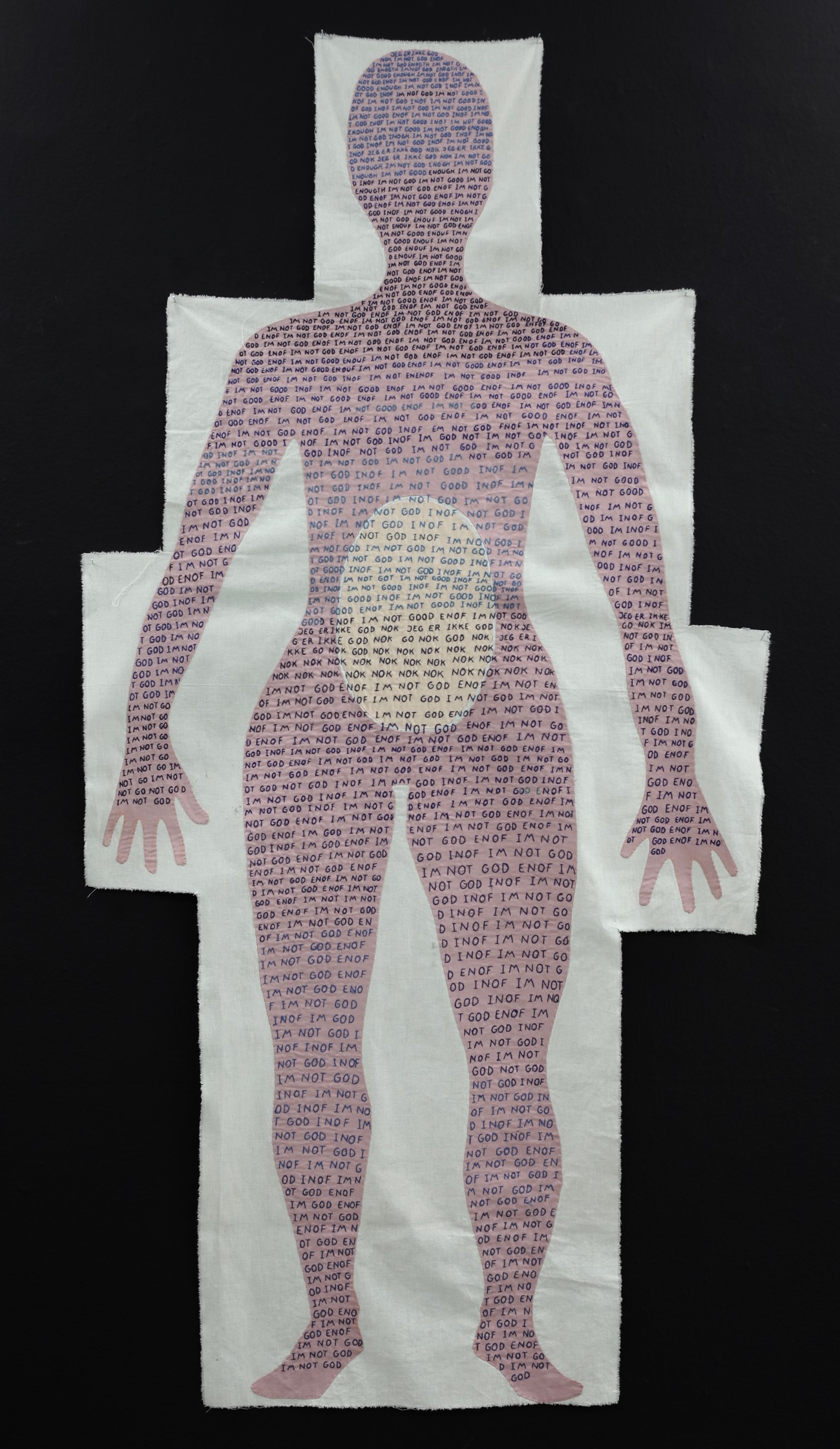 Gudrun Hasle: Im not god inof, 2018, Embroidery on textile, 168 x 85 cm