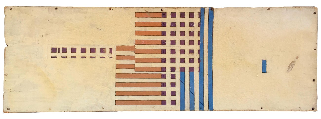Richard Winther: Rosen dufter af maskinolie, 1949, Acrylic, gouache, pencil and ink on MDF-board, 23 x 65 cm