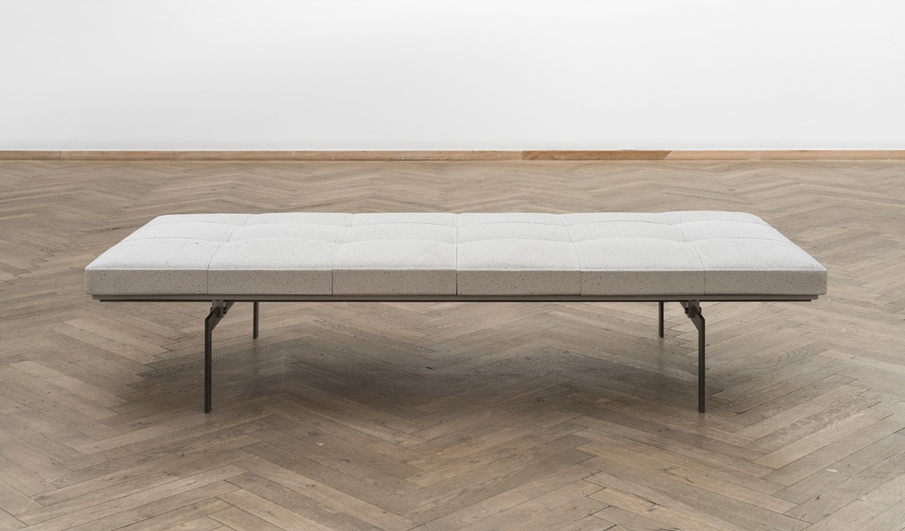 Simon Rasmussen: Floater (Not To Be Reproduced), 2017, Steel, aluminium, bolts, powder coated plywood, aerated concrete, chewing gum, H:40 x W:80 X L:190 cm. Photo: David Stjernholm.