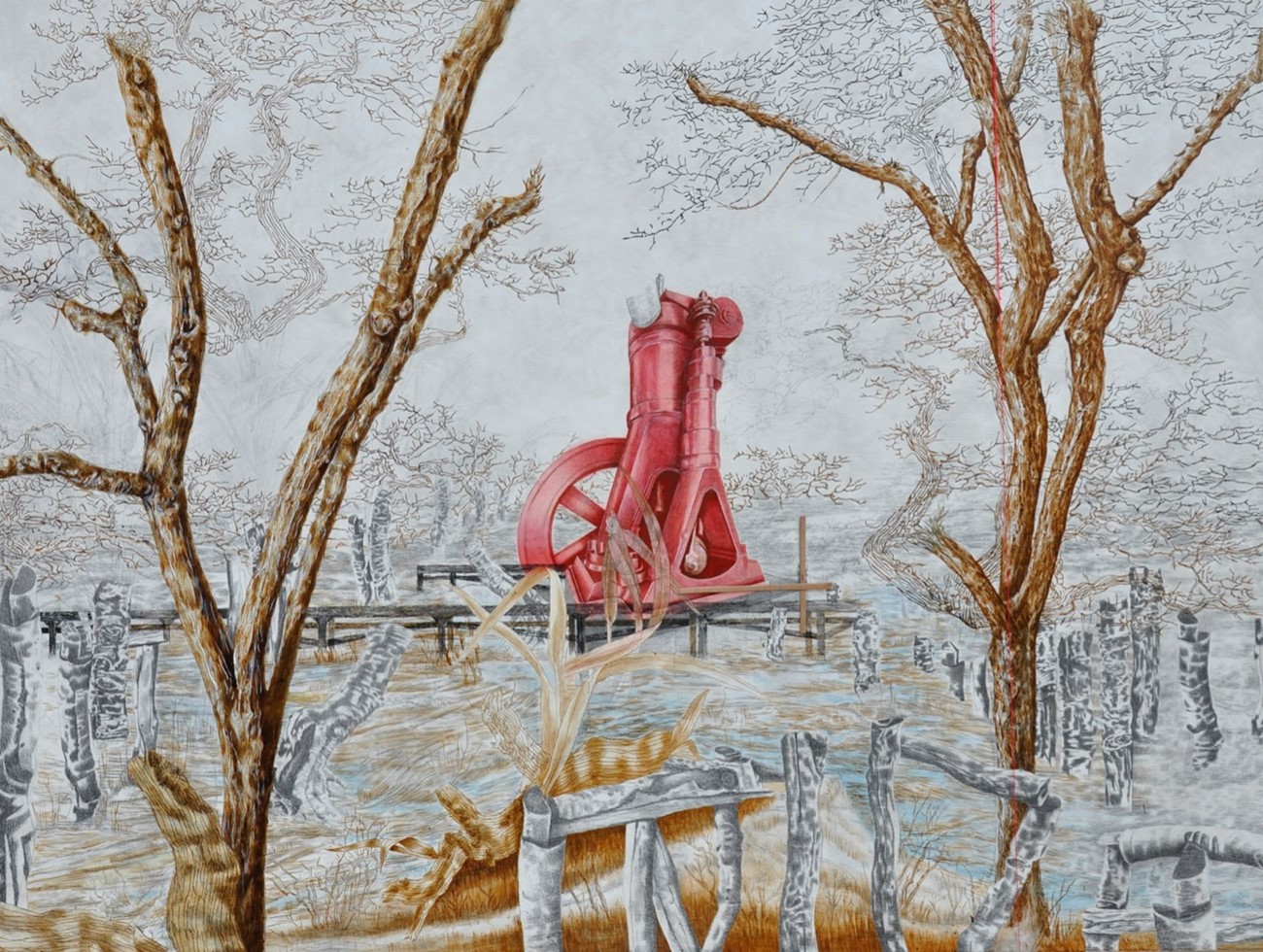 Berit Heggenhougen-Jensen: Skitse. Faderens Navn: Aage Poul Møller og Joseph Hyppolite-Koch. Industrihistorie. B&Ws Dieselmotor n°1, 2018, Charcoal, oil stick, threads, cardboard, and acrylic on canvas, 177 x 231 cm. Photo: Nils Erik Højbye
