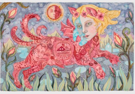 Julie Nord: Rewilding Beast, 2021, akvarel og tusch på papir, 102h x 152w cm