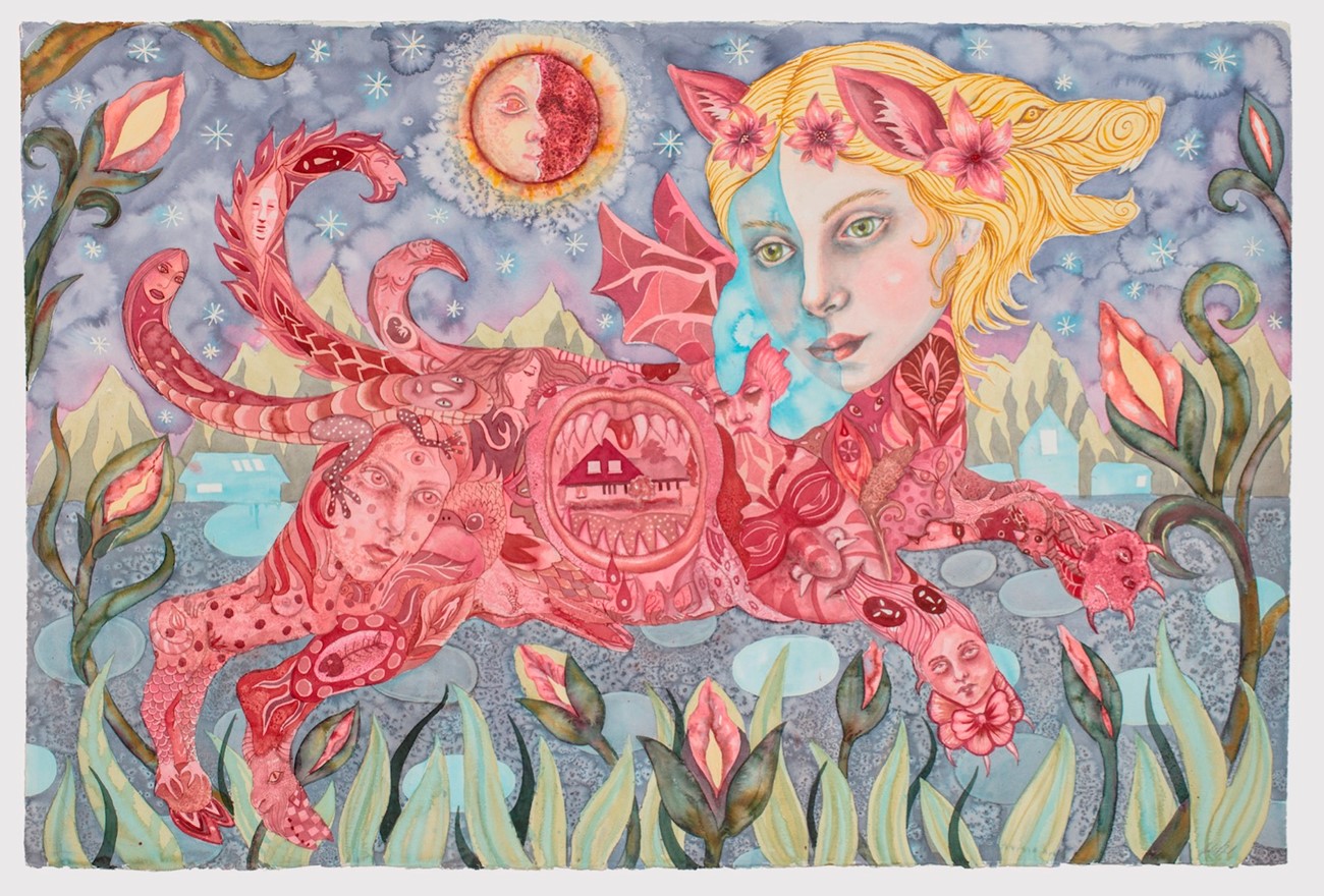 Julie Nord: Rewilding Beast, 2021, akvarel og tusch på papir, 102h x 152w cm