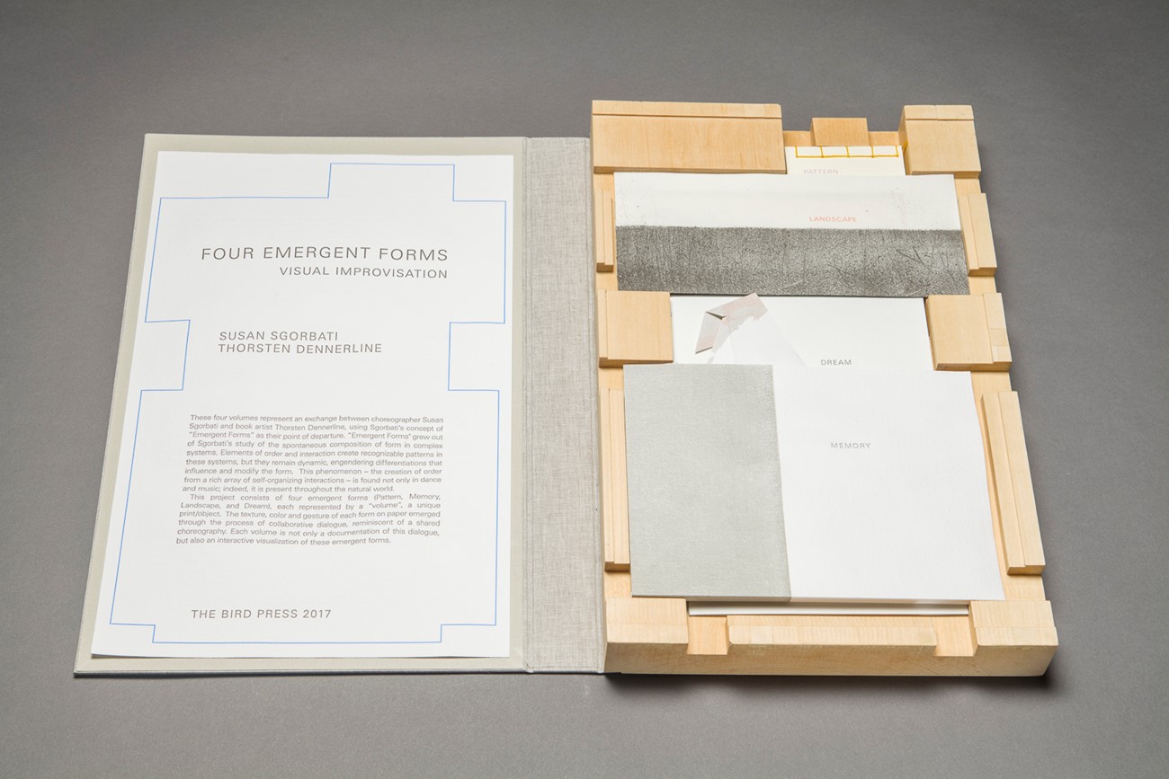 Thorsten Dennerline & Susan Sgorbati: Four Emergent Forms: Visual Improvisation (1), 2017, Woodcut, letterpress, stone and plate lithography, CNC milled wooden box. Edition of 30